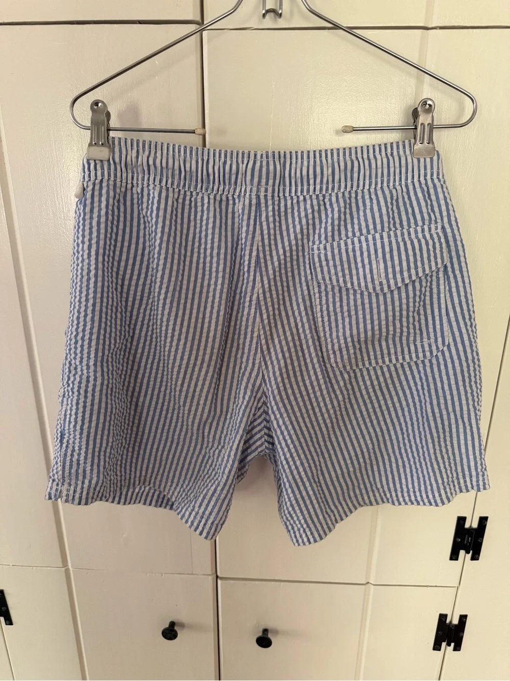 J. Crew Blue and White Striped Seersucker Swim Trunks